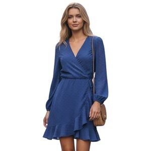 E ALTAR'D STATE ☆ Faux Wrap Ruffle Mini Dress ☆ Navy Blue Swiss Dot